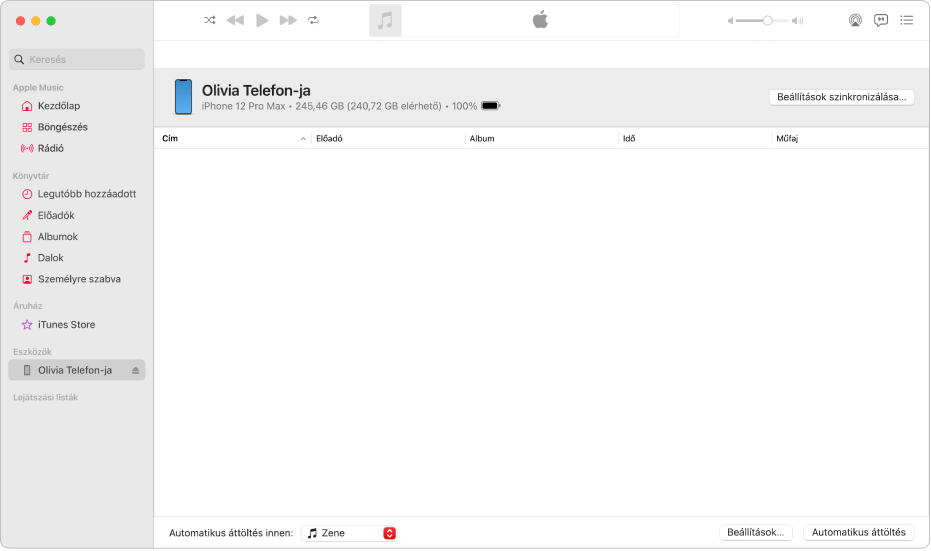 A Zene ablak egy eszközzel (Julie iPhone-ja) az oldalsávon. A jobb felső sarokban található Beállítások szinkronizálása gomb megnyitja a Findert.