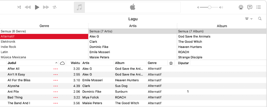 Jendela Musik utama: browser kolom ada di sisi kanan bar samping dan di atas daftar lagu.