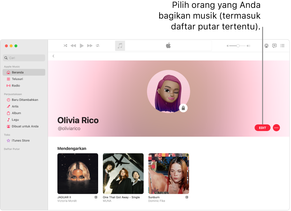 Halaman profil di Apple Music: di sisi kanan jendela, klik Edit untuk memilih siapa yang dapat mengikuti Anda. Di sebelah kanan Edit, klik tombol Lainnya untuk membagikan musik Anda.