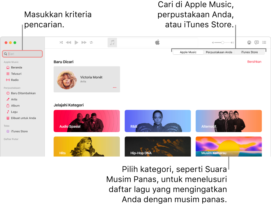 Jendela Apple Music menampilkan bidang pencarian di pojok kiri atas, daftar kategori di tengah jendela, dan Apple Music, Perpustakaan Anda, serta iTunes Store tersedia di pojok kanan atas. Masukkan kriteria pencarian di bidang pencarian, lalu pilih untuk mencari di Apple Music, hanya di perpustakaan Anda, atau di iTunes Store.