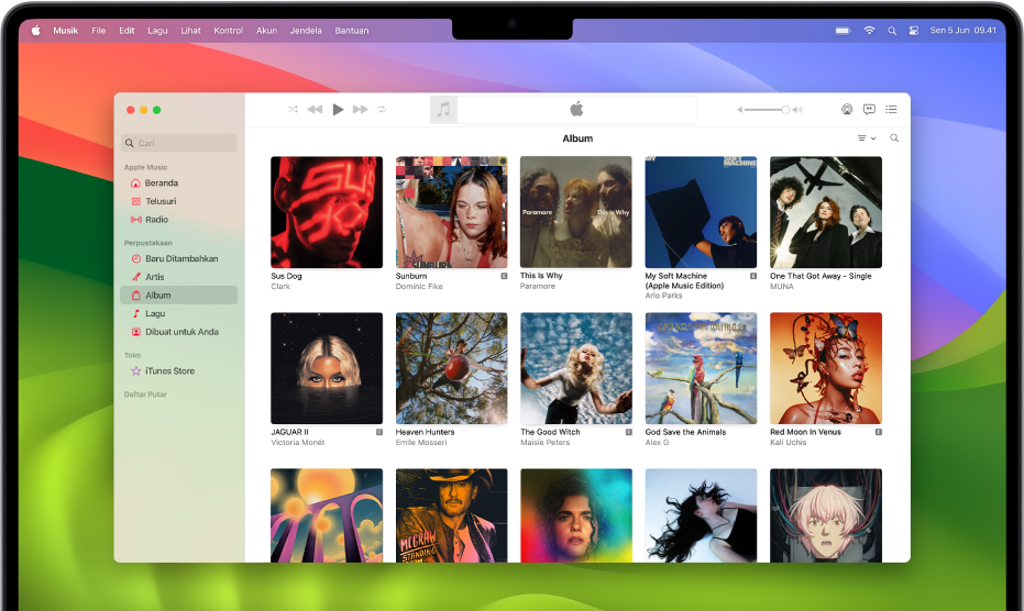 Jendela Apple Music dengan perpustakaan album.