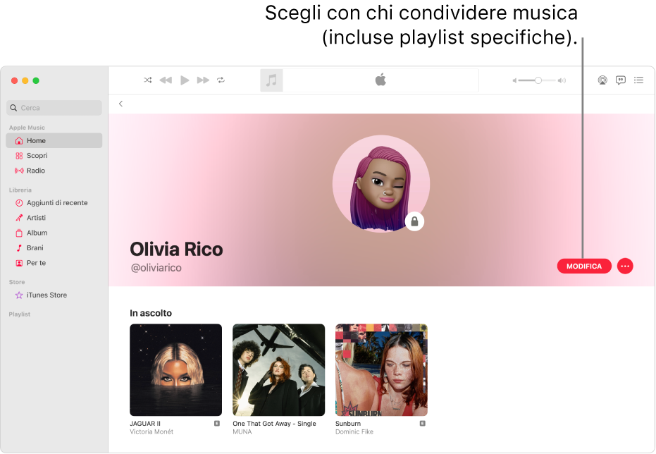La pagina del profilo su Apple Music: sul lato destro della finestra, fai clic su Modifica per scegliere chi può seguirti. Sulla destra di Modifica, fai clic sul pulsante del menu Altro per o condividere la musica.