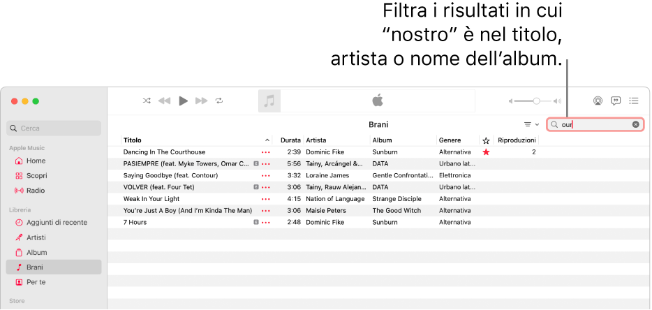 La finestra di Apple Music mostra l’elenco dei brani che vengono visualizzati digiti “love” nel campo del filtro nell’angolo in alto a destra. I brani nell’elenco includono la parola “love” nel titolo, nell’artista o nel nome dell’album.