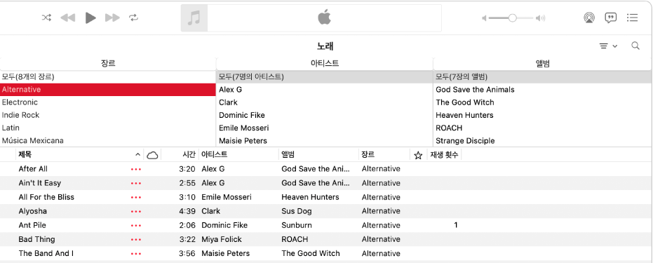 음악 주 윈도우: 열 브라우저가 사이드바의 오른쪽과 노래 목록 위에 나타남.