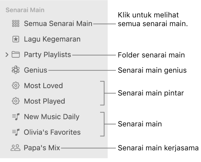 Bar sisi Muzik menunjukkan pelbagai jenis senarai main: Lagu Kegemaran, Genius, Pintar dan senarai main. Klik Semua Senarai Main untuk melihat kesemuanya.