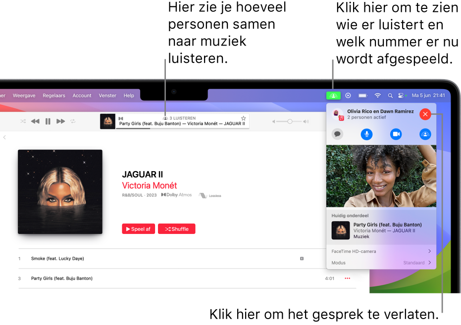 Het Muziek-venster met een nummer dat wordt afgespeeld in SharePlay. In het afspeelvenster is te zien hoeveel personen samen naar muziek luisteren. Aan de rechterkant wordt er op het SharePlay-symbool geklikt en kun je zien wie er luistert en welk nummer op dat moment wordt afgespeeld. Aan de rechterkant kun je op de sluitknop klikken.