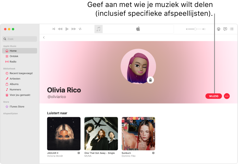 De profielpagina in Apple Music: klik rechts in het venster op 'Bewerk' om aan te geven wie je kan volgen. Klik rechts naast 'Bewerk' op de knop 'Meer' als je je muziek wilt delen.