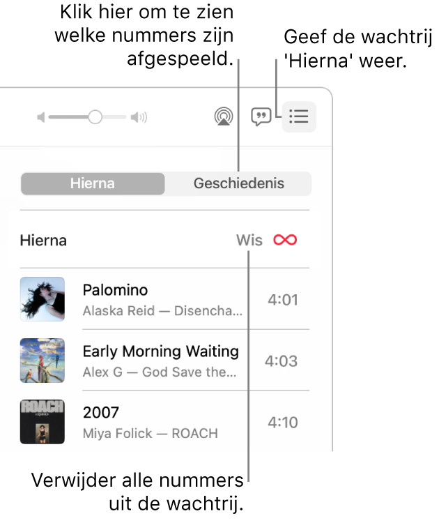 De rechterbovenhoek van het Muziek-venster met de knop 'Hierna' in de banner, waarmee de wachtrij 'Hierna' wordt getoond. Klik op de link 'Geschiedenis' om eerder afgespeelde nummers weer te geven. Met de link 'Wis' worden alle nummers uit de wachtrij verwijderd.