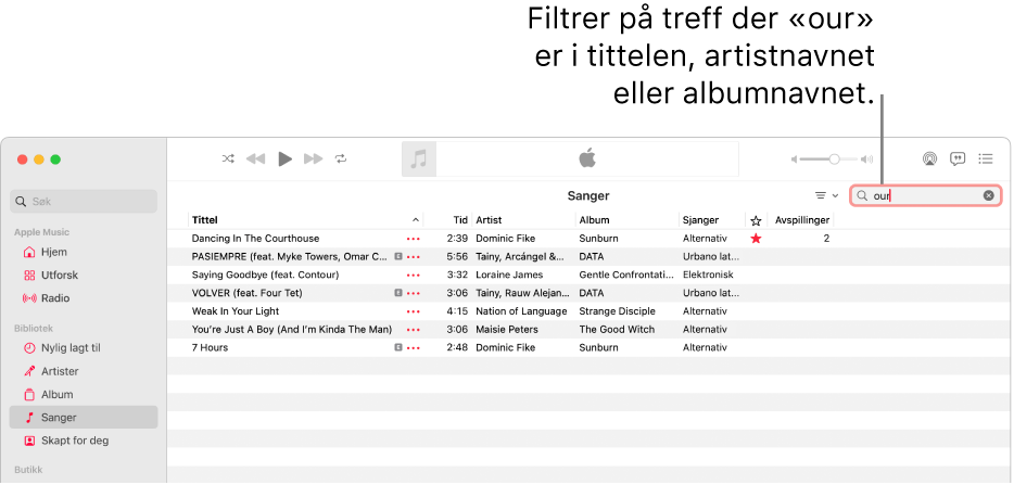 Apple Music-vinduet, med sanglisten som vises når det skrives inn «love» i filterfeltet øverst til høyre. Sangene i listen har ordet «love» i sangtittelen, artistnavnet eller albumtittelen.