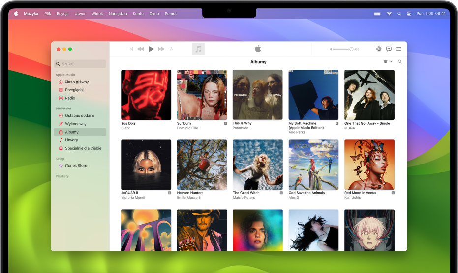 Okno aplikacji Muzyka zawierające bibliotekę z albumami.