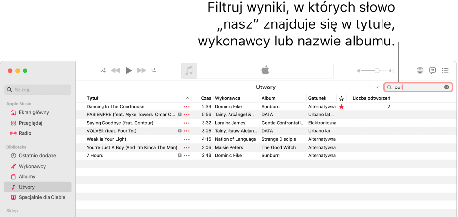 Okno Apple Music z listą utworów wyświetlaną po wprowadzeniu „love” w polu filtra w prawym górnym rogu. Utwory znajdujące się na liście zawierają słowo „love” w tytule, nazwie wykonawcy lub tytule albumu.