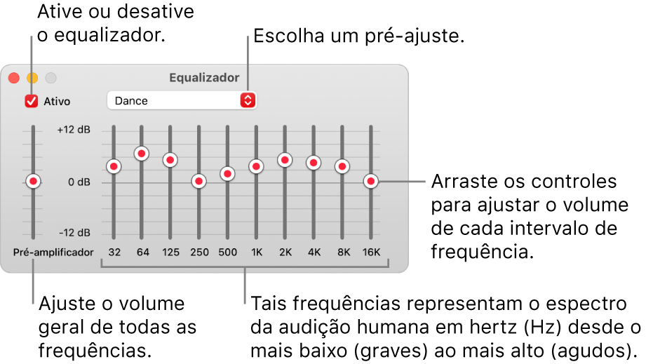 A janela do Equalizador: A caixa de seleção para ativar o equalizador do app Música está no canto superior esquerdo. Ao seu lado, o menu local com os pré-ajustes do equalizador. Na extremidade esquerda, ajuste o volume geral das frequências com o pré-amplificador. Abaixo dos pré-ajustes do equalizador, ajuste o nível sonoro dos vários intervalos de frequência, os quais representam o espectro da audição humana, do mais grave ao mais agudo.
