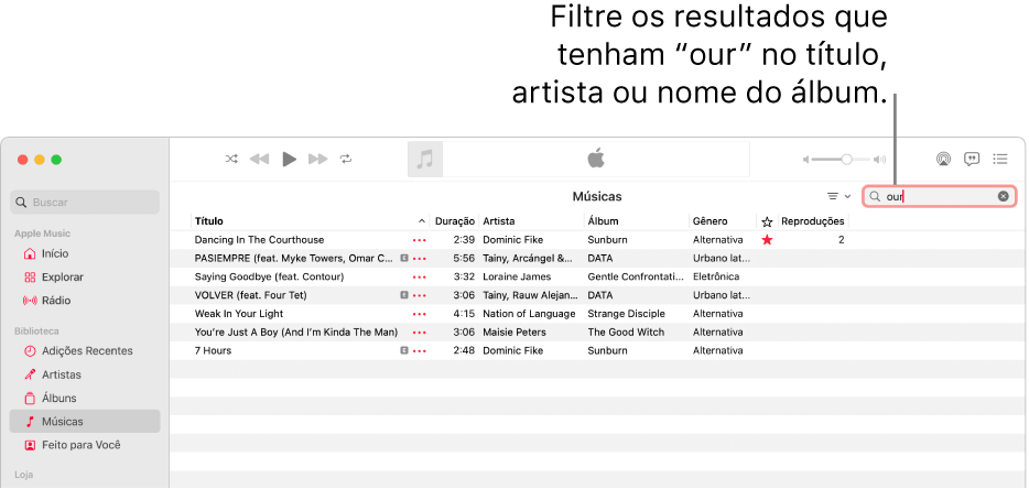 Janela do Apple Music mostrando a lista de músicas que são exibidas quando “amor” é digitado no campo de filtro no canto superior direito. As músicas na lista incluem a palavra “amor” em seu título, artista ou nome do álbum.