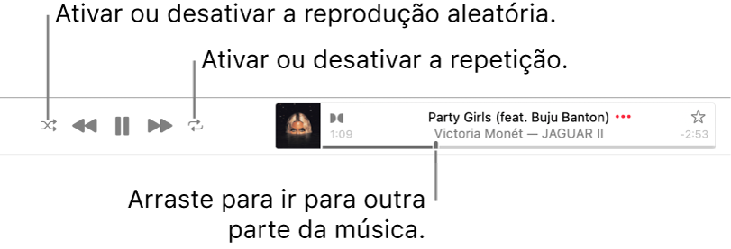 A faixa com uma música em reprodução. O botão “Modo aleatório” encontra-se no canto superior esquerdo e o botão “Repetir” no canto superior direito. Arraste o nivelador de deslocação para ir para uma parte diferente da música.