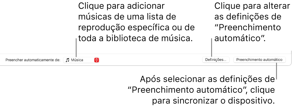 As opções de preenchimento automático na parte inferior da janela da aplicação Música. Na extrema esquerda encontra-se o menu pop-up “Preencher automaticamente de”, onde pode escolher se pretende adicionar músicas de uma lista de reprodução ou da biblioteca inteira. Na extrema direita encontram-se dois botões: Definições, para alterar as várias opções de preenchimento automático, e Preenchimento automático. Quando clica neste botão, o dispositivo é preenchido com as músicas que satisfazem os critérios.