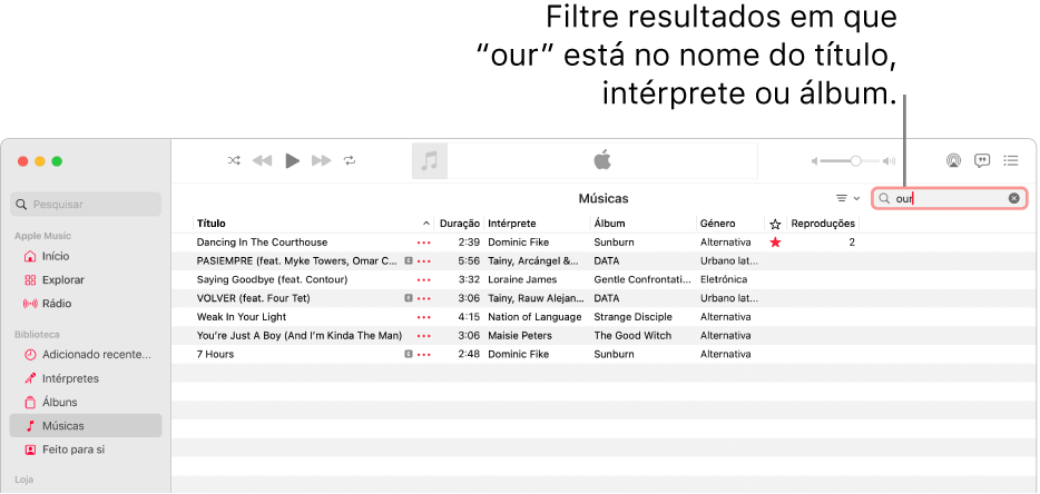 A janela de Apple Music a mostrar a lista de músicas que surgem quando “amor” é digitado no campo de filtro no canto superior esquerdo. As músicas na lista incluem a palavra “love” no título, intérprete ou nome do álbum.