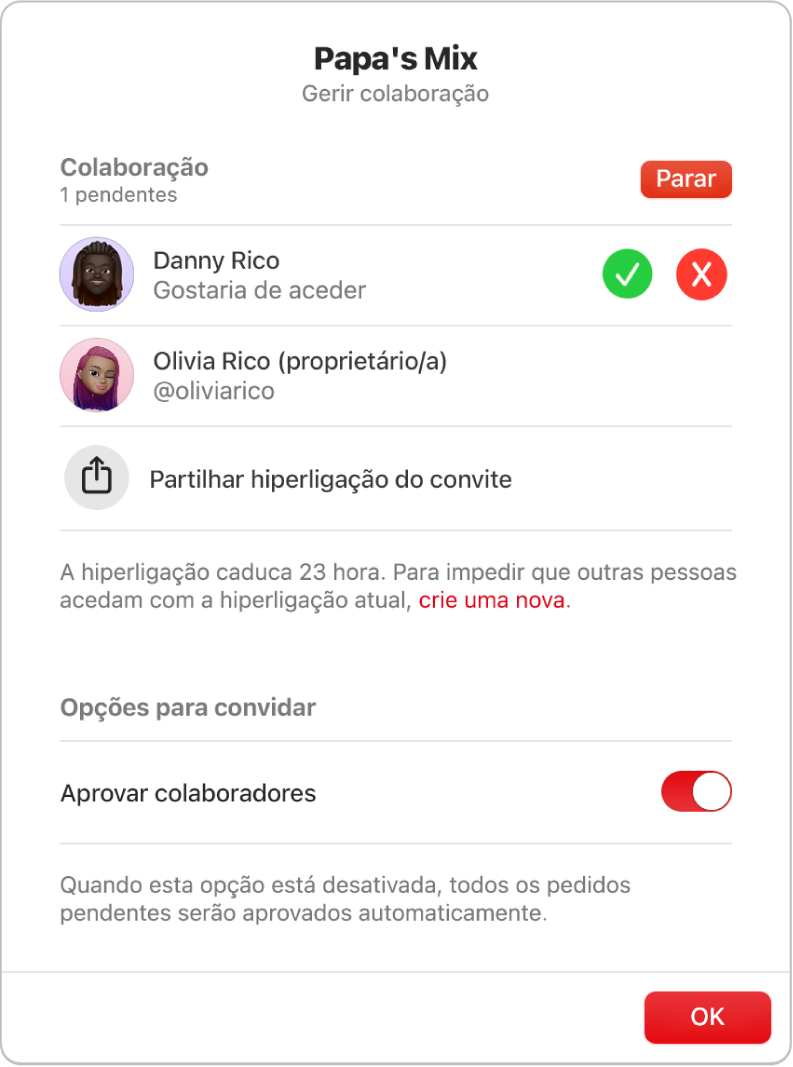 A caixa de diálogo “Gerir colaboração”.