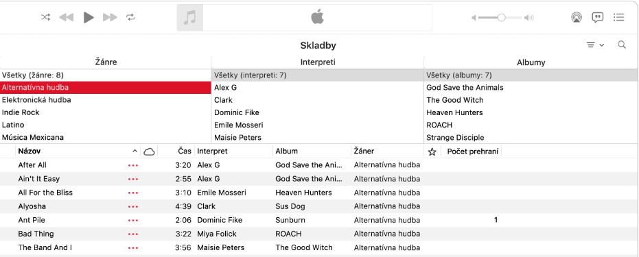 Hlavné okno apky Hudba: stĺpcový prehliadač sa zobrazuje napravo od postranného panela nad zoznamom skladieb.