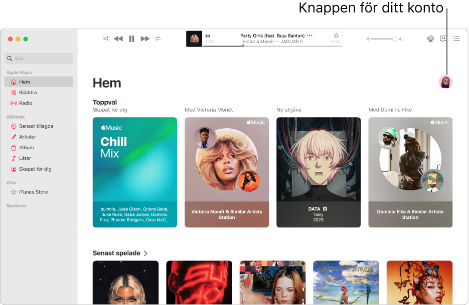 Apple Music-fönstret som visar skärmen Hem. Knappen Mitt konto (som ser ut som en bild eller ett monogram) finns i det övre högra hörnet av fönstret.