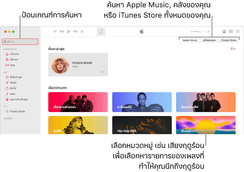 หน้าต่าง Apple Music ที่แสดงช่องค้นหาที่มุมซ้ายบนสุด รายการหมวดหมู่ที่กึ่งกลางของหน้าต่าง และ Apple Music, คลังของคุณ และ iTunes Store ที่มุมขวาบนสุด ป้อนเกณฑ์การค้นหาในช่องค้นหา จากนั้นเลือกว่าจะให้ค้นหาทั้งหมดใน Apple Music, เฉพาะคลังของคุณ หรือ iTunes Store