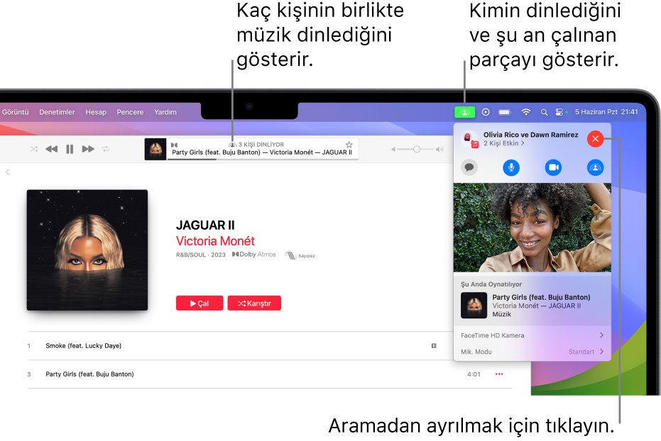 SharePlay kullanılırken bir parçanın çalındığını gösteren Apple Music penceresi. Çalma penceresi, kaç kişinin birlikte müzik dinlediğini gösteriyor. Sağ tarafta SharePlay simgesine tıklandığında kimlerin dinlediğini ve o anda çalan parçayı görebilirsiniz. Sağda, Kapat düğmesini tıklayabilirsiniz.