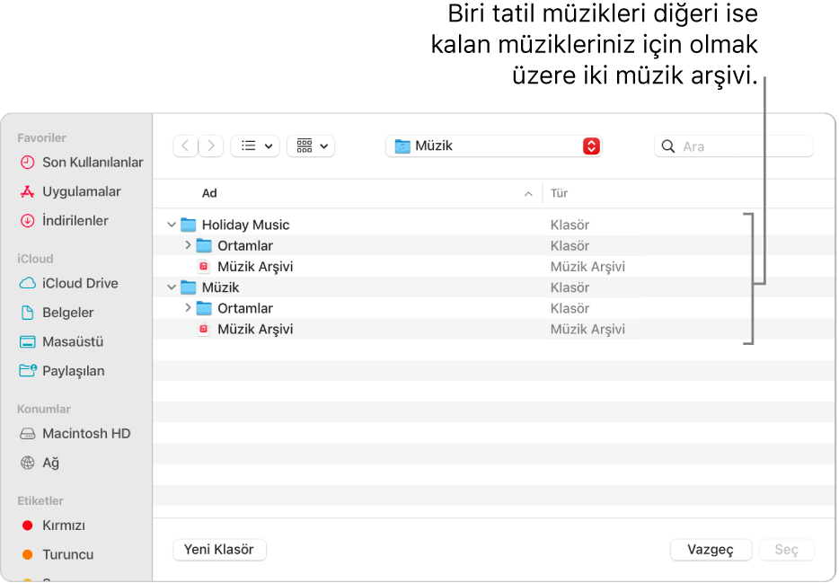 Biri tatil müziği, diğeri de kalan müzikleriniz için olan birden fazla arşiv gösteren Finder penceresi.