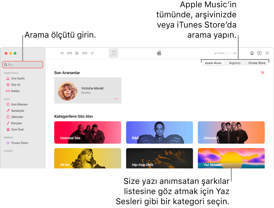 Sol üst köşede arama alanını, pencerenin ortasında kategori listesini ve sağ üst köşede Apple Music, Arşiviniz ve iTunes Store seçeneklerini gösteren Apple Music penceresi. Arama alanına arama ölçütünü girin, sonra Apple Music’in tamamında, yalnızca arşivinizde ya da iTunes Store’da arama yapmayı seçin.