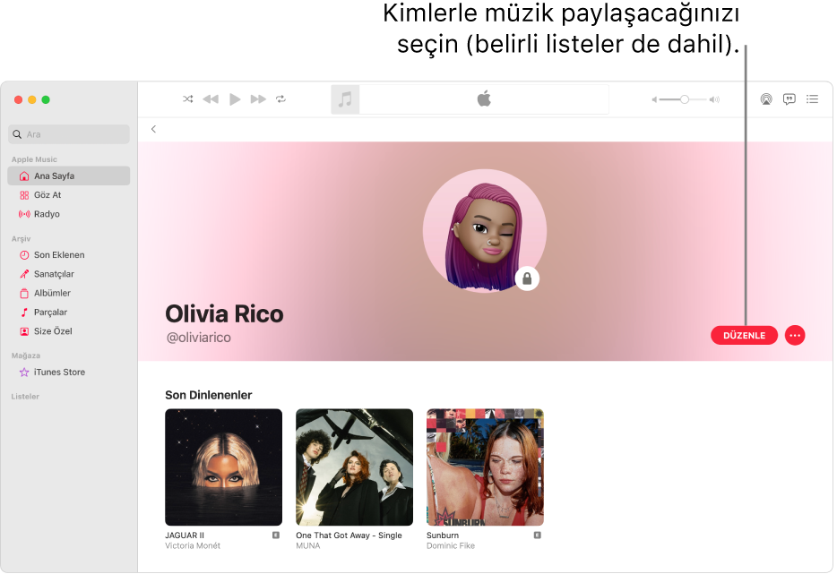 Apple Music’te profil sayfası: sizi takip edebilecekleri seçmek için pencerenin sağ kenarındaki Düzenle’yi tıklayın. Müziklerinizi paylaşmak için Düzenle düğmesinin sağındaki Daha Fazla düğmesini tıklayın.