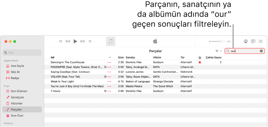 Sağ üst köşedeki filtre alanına “love” girildiğinde görünen parça listesinin gösterildiği Apple Music penceresi. Listedeki parçaların başlığında, sanatçı adında veya albüm adında "love" kelimesi bulunmaktadır.