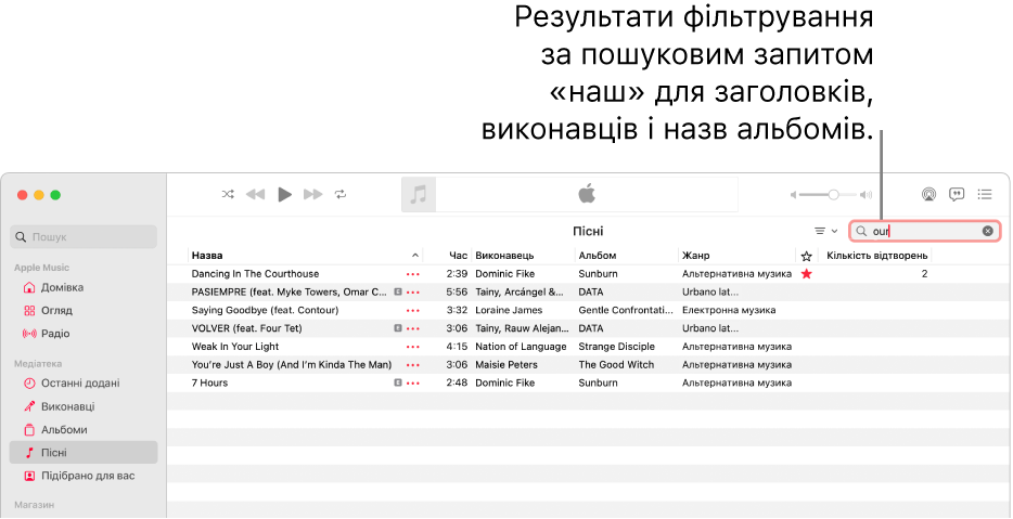 Вікно Apple Music, у якому показано список пісень, які з’являються, коли в полі фільтра у верхньому правому куті введено love. Пісні в списку містять слово love у назві, імені виконавця або назві альбому.