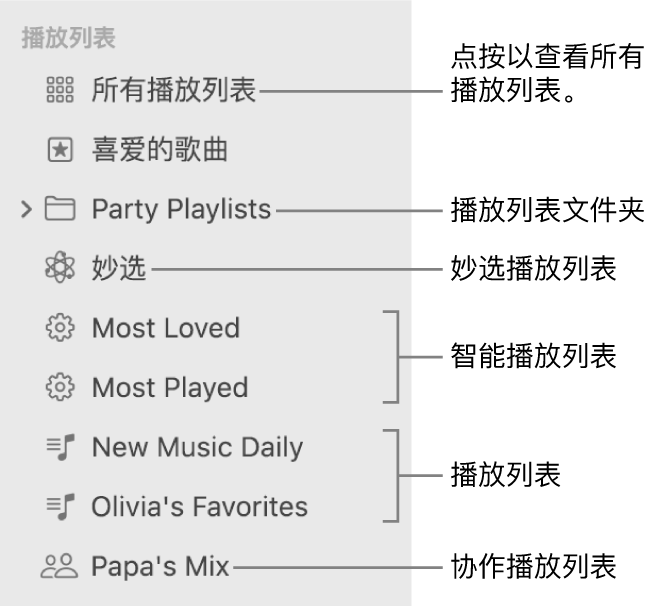 “音乐”边栏显示不同类型的播放列表：喜爱歌曲播放列表、妙选播放列表和智能播放列表。点按“所有播放列表”以查看所有播放列表。