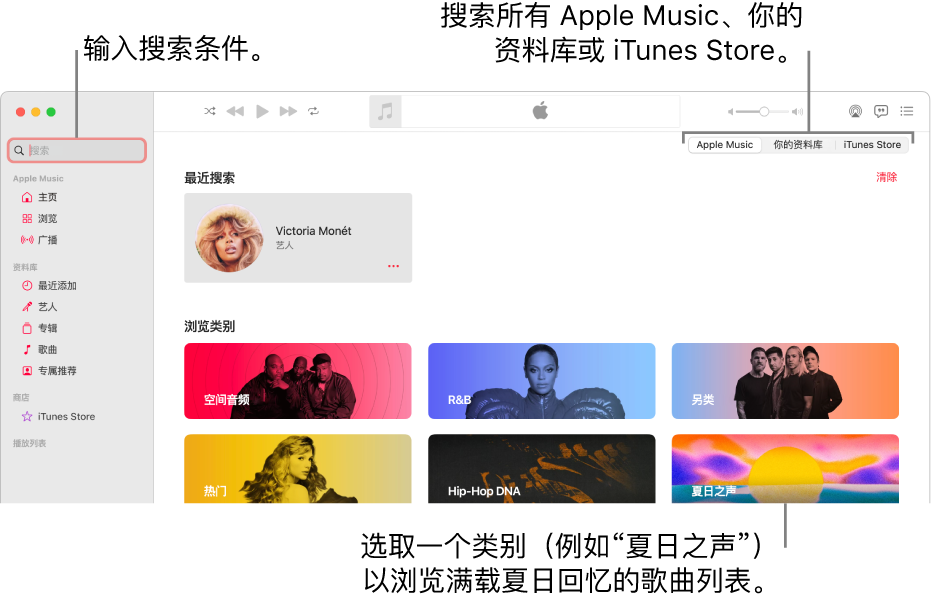 Apple Music 窗口的左上角显示搜索栏，窗口中间是类别列表，右上角显示“Apple Music”、“你的资料库”和可用的 iTunes Store。在搜索栏中输入搜索条件，然后选取是搜索所有 Apple Music、仅搜索你的资料库还是搜索 iTunes Store。