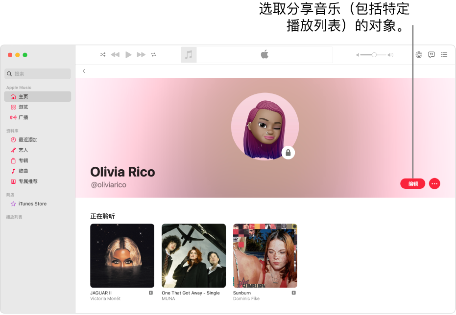 Apple Music 的个人资料页面：在窗口右侧，点按“编辑”以选取可关注你的人。在“编辑”右边，点按“更多”按钮以分享你的音乐。