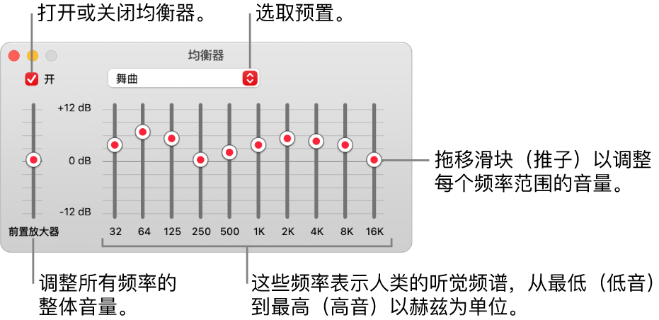 均衡器窗口：左上角是用于打开“音乐”均衡器的复选框。其旁边是均衡器预置的弹出式菜单。在最左边，调整前置放大器所有频率的整体音量。在均衡器预置下方，调整不同频率范围的音量，这些频率表示人类最低到最高的听觉频谱。