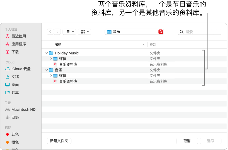“访达”窗口显示多个资料库：一个是节日音乐的资料库，另一个是其他音乐的资料库。