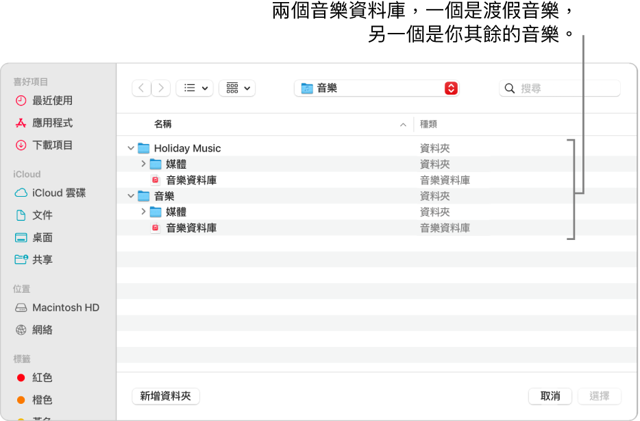 Finder 視窗顯示多個資料庫，一個為假日音樂，另一個為你其餘的音樂。