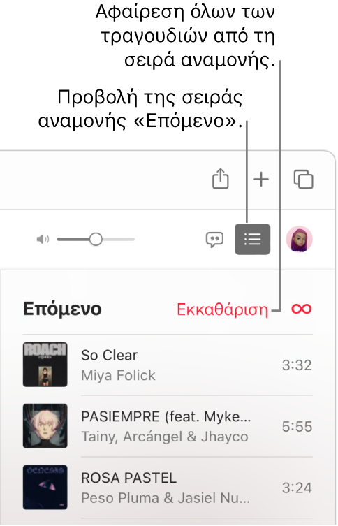 Επιλέγεται το κουμπί «Επόμενο» στην πάνω δεξιά γωνία του Apple Music και φαίνεται η ουρά. Κάντε κλικ στον σύνδεσμο «Εκκαθάριση» στο πάνω μέρος της λίστας για αφαίρεση όλων των τραγουδιών από την ουρά.
