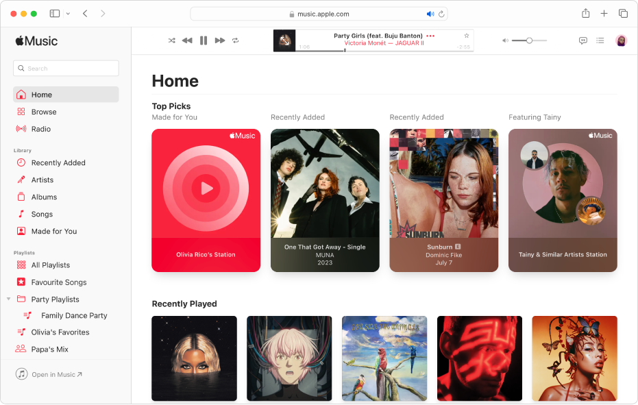 The Apple Music window in Safari showing the Home screen.