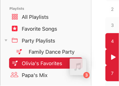 Songs being dragged to a playlist. The playlist is highlighted.
