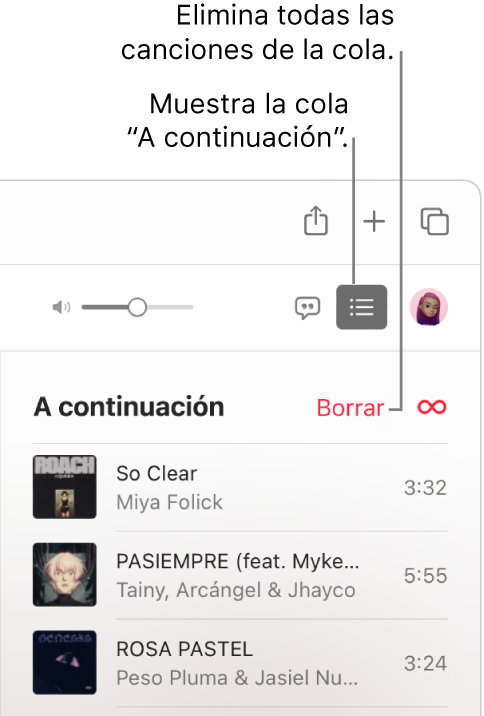 El botón “A continuación” en la esquina superior derecha de Apple Music está seleccionado y se puede ver la cola “A continuación”. Haz clic en el enlace Borrar situado en la parte superior de la lista para eliminar todas las canciones de la cola.
