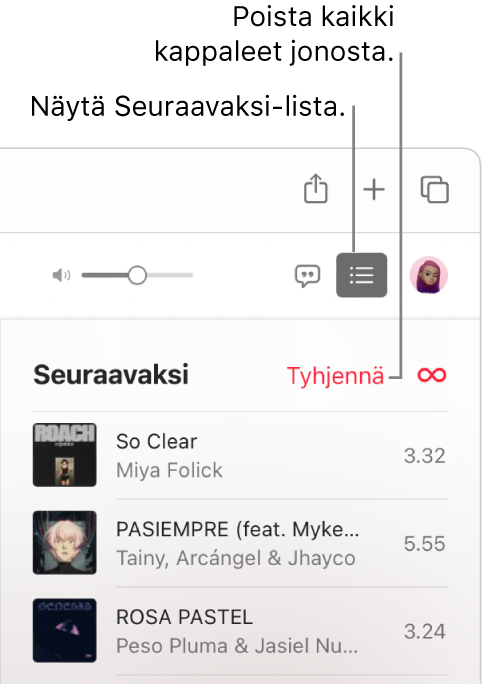 Seuraavaksi-painike Apple Musicin oikeassa yläkulmassa on valittu, ja jono näkyy. Klikkaamalla Tyhjennä-linkkiä listan yläosassa voit poistaa kaikki kappaleet jonosta.