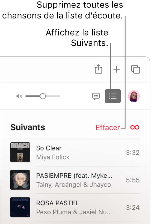 Le bouton Suivants dans le coin supérieur droite de la fenêtre d’Apple Music est sélectionné et la liste d’écoute est visible. Cliquez sur le lien Effacer en haut de la liste pour supprimer toutes les chansons de la liste d’attente.