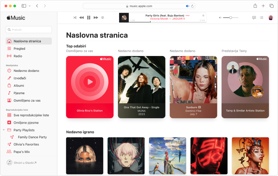 Prozor usluge Apple Music u Safariju s prikazom zaslona Naslovna stranica.