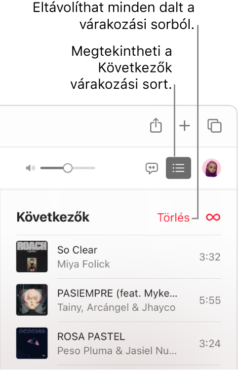 Az Apple Music jobb felső sarkában ki van jelölve a Következők gomb, és megjelenik a dalok listája. A lista tetején található Törlés linkre kattintva eltávolíthatja az összes zenét a listából.
