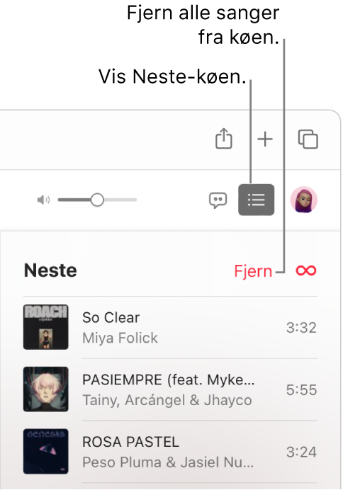 Neste-knappen øverst til høyre på Apple Music er markert og Neste-køen er synlig. Klikk på Fjern-lenken øverst i listen for å fjerne alle låter fra køen.