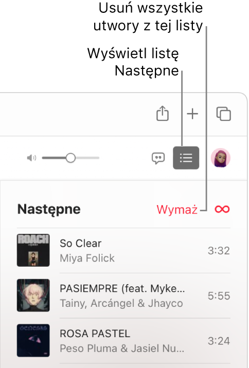 W górnym prawym rogu okna Apple Music znajduje się zaznaczony przycisk Następne oraz widoczna jest kolejka. Kliknij w łącze Wymaż, znajdujące się na górze listy, aby usunąć wszystkie utwory z kolejki.
