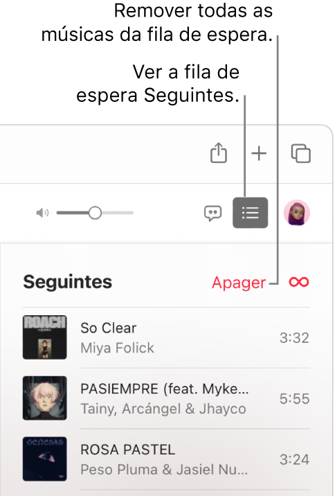 O botão “A seguir” no canto superior direito da janela de Apple Music está selecionado e a fila de espera está visível. Clique na hiperligação “Limpar” na parte superior da lista para remover todas as músicas da fila de espera.