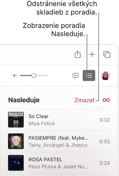 Po kliknutí na tlačidlo Nasleduje v pravej hornej časti Apple Music sa zobrazí poradie Nasleduje. Kliknutím na odkaz Odstrániť v hornej časti zoznamu odstránite všetky skladby z poradia.