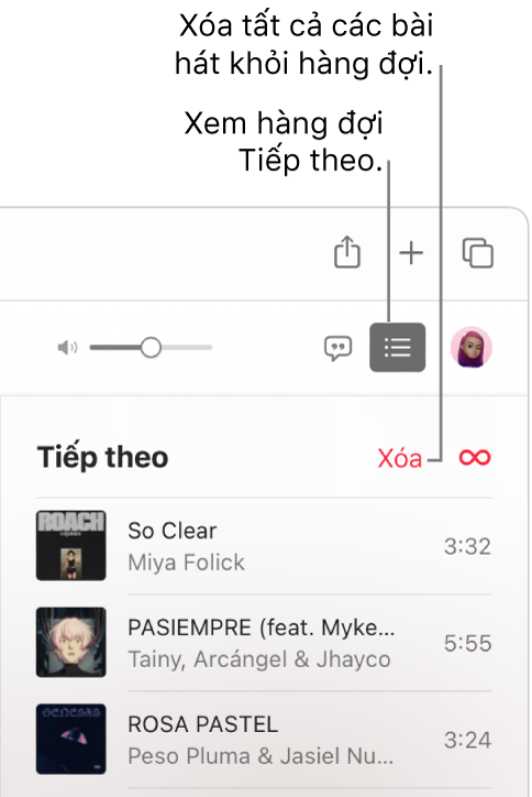 Nút Tiếp theo ở góc trên cùng bên phải của Apple Music được chọn và hàng đợi sẽ hiển thị. Bấm vào liên kết Xóa ở đầu danh sách để xóa tất cả bài hát khỏi hàng đợi.