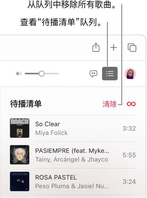 Apple Music 右上角的“待播清单”按钮被选中且队列可见。点按列表顶部的“清除”链接以移除队列中的所有歌曲。